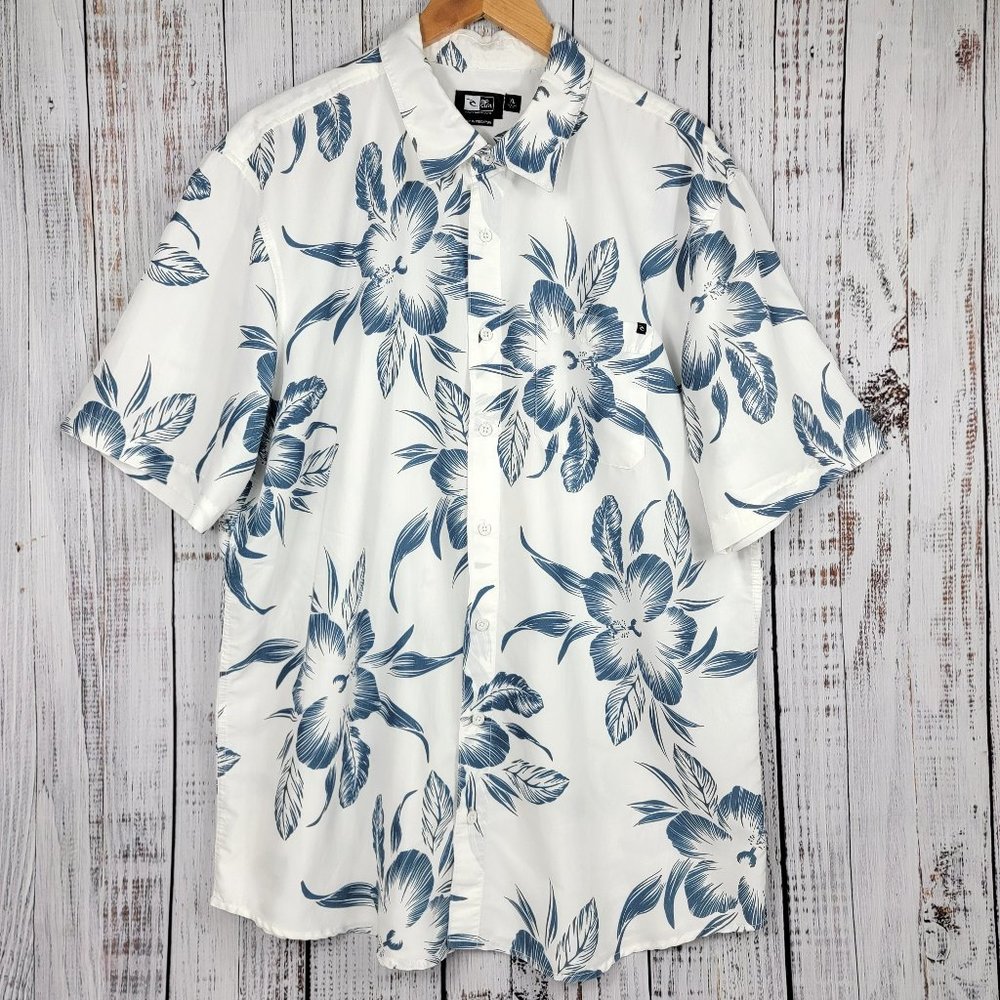 Rip Curl Hawaiian Shirt Mens XL White & Blue Floral Hibiscus Button Up